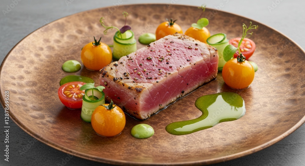 Exquisite Seared Tuna Presentation with Vibrant Garnishes on Hammered Plate Exquisite Seared Tuna Presentation with Vibrant Garnishes on Hammered Plate