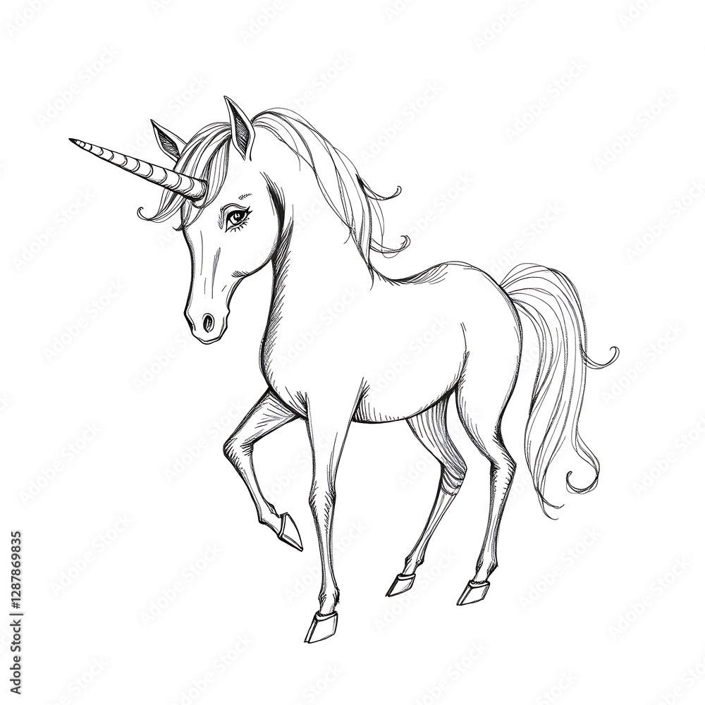 Obraz premium Hand-Drawn Sketch of a Classic Black and White Unicorn with Elegant Details and Majestic Stance