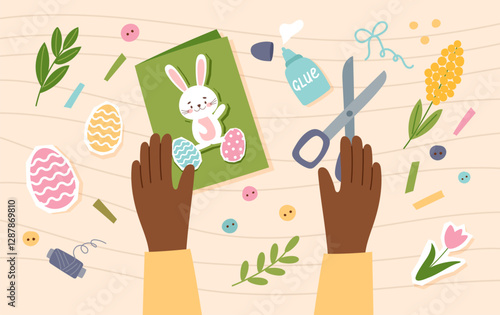 Making a handmade Easter greeting card. Easter banner concept. Eco-friendly Easter, sustainability. Vector hand drawn background.