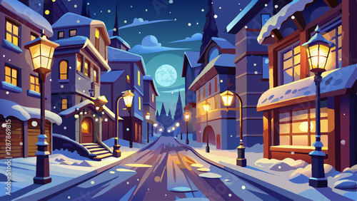 Snow-covered street with street lamps at night