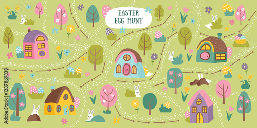 Easter egg hunt map background with houses, paths, trees, hidden bunnies and eggs. Easter concept banner. Flat hand drawn illustration.
