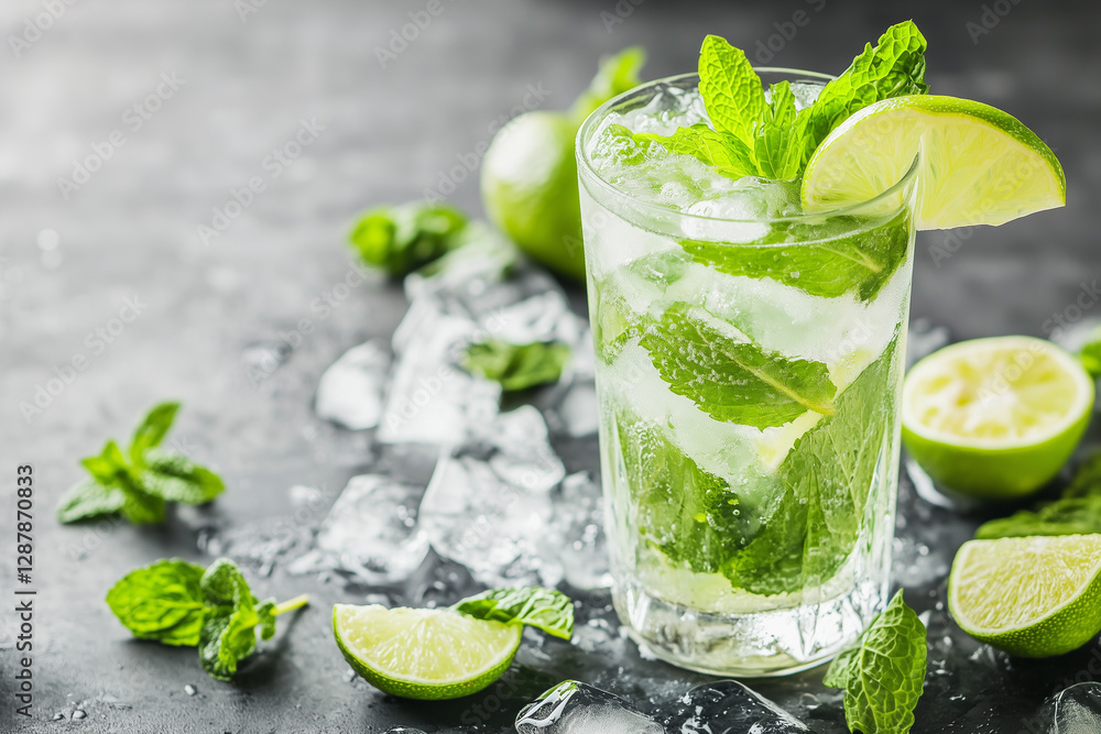 Fresh lemonade drink in a glass with lemon slices and mint leaves on the table with whole lemons and plants in the background Fresh lemonade drink in a glass with lemon slices and mint leaves on the table with whole lemons and plants in the background