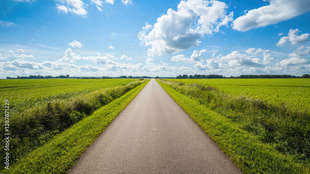 Wide road into distance, flanked by green fields and blue sky. High-definition, horizontal composition. Serene beauty. Wide road into distance, flanked by green fields and blue sky. High-definition, horizontal composition. Serene beauty.