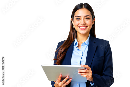 Smiling businesswoman portrait holding tablet. Professional headshot, studio shot isolated on transparent background. Ideal for corporate, tech, or business concepts.