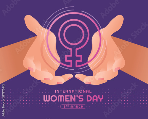 International women's day - hand of woman hold up line female symbols in circle sign on purple background vector design