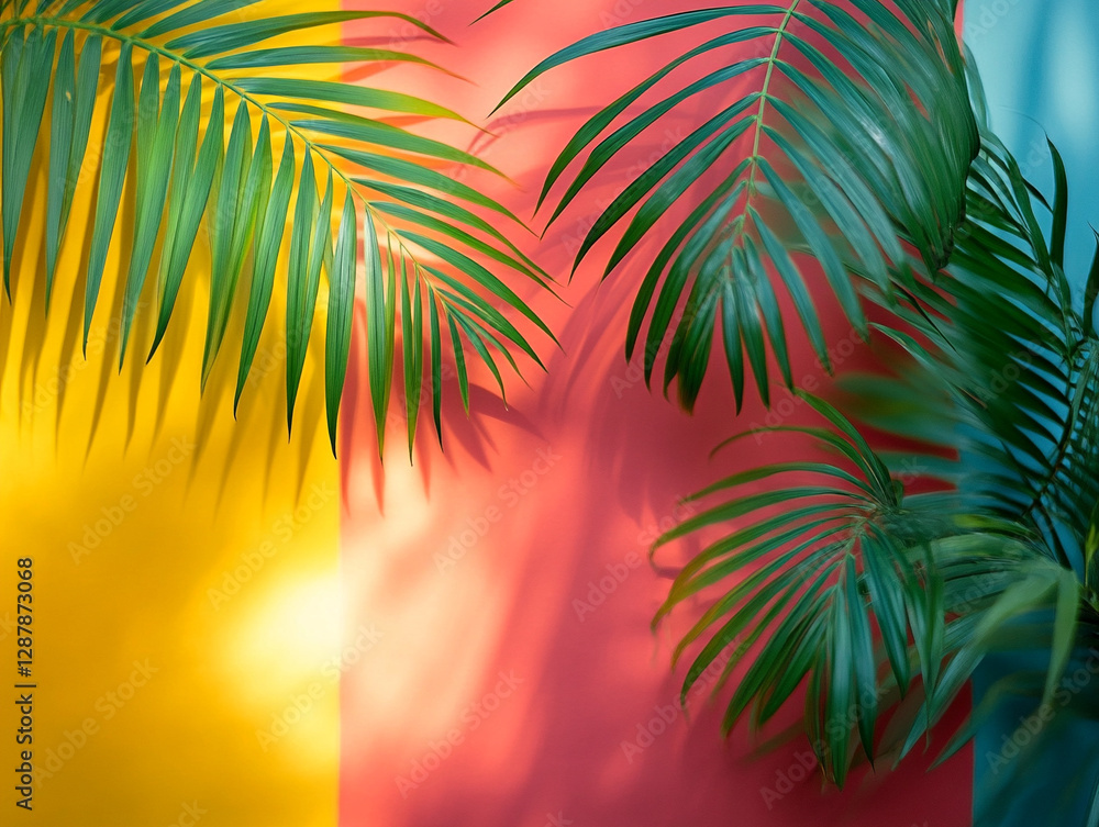 Fototapeta premium Colorful tropical leaves against vibrant wall shadows