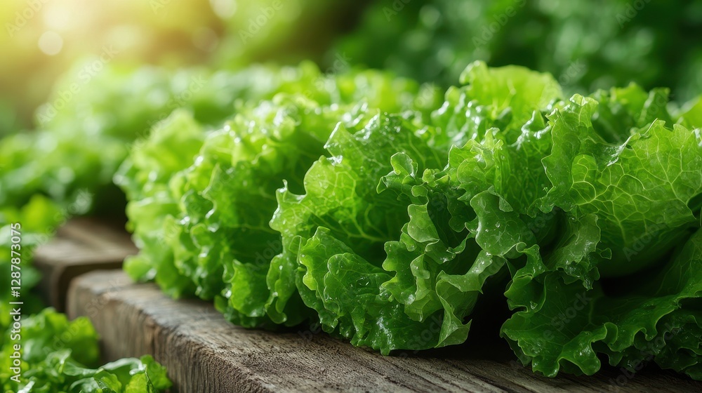Fresh Green Lettuce Leaves on Rustic Wooden Surface Fresh Green Lettuce Leaves on Rustic Wooden Surface