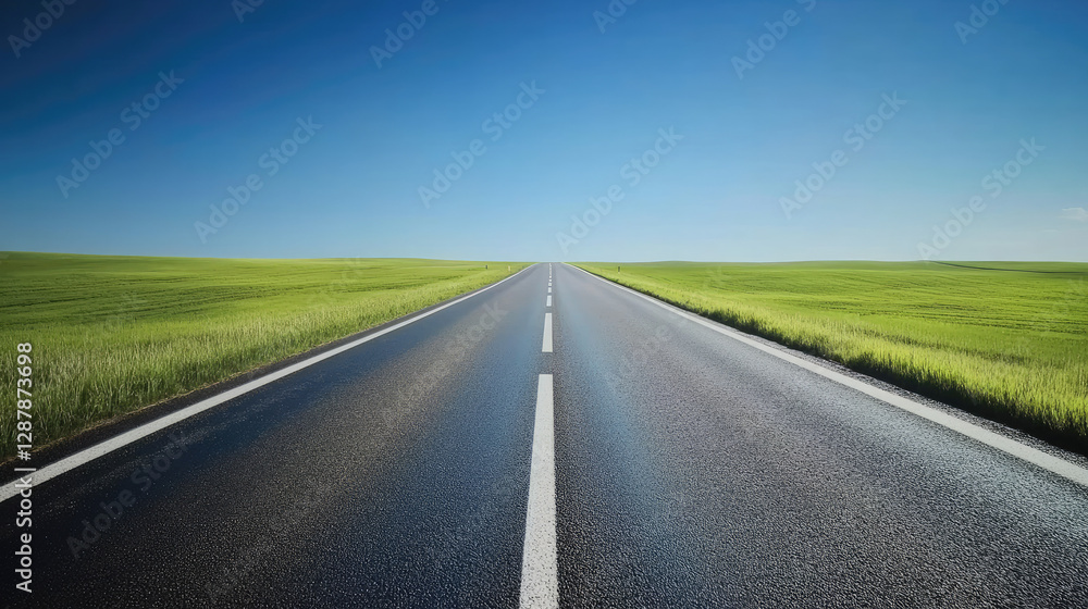 Wide road into distance, flanked by green fields and blue sky. High-definition, horizontal composition. Serene beauty. Wide road into distance, flanked by green fields and blue sky. High-definition, horizontal composition. Serene beauty.