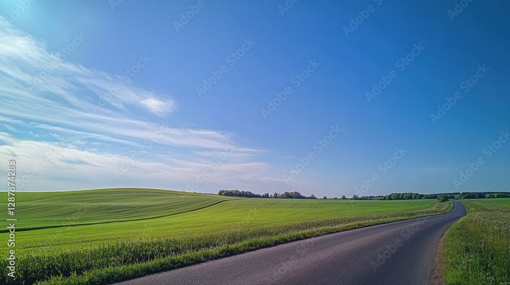 Wide road into distance, flanked by green fields and blue sky. High-definition, horizontal composition. Serene beauty. Wide road into distance, flanked by green fields and blue sky. High-definition, horizontal composition. Serene beauty.