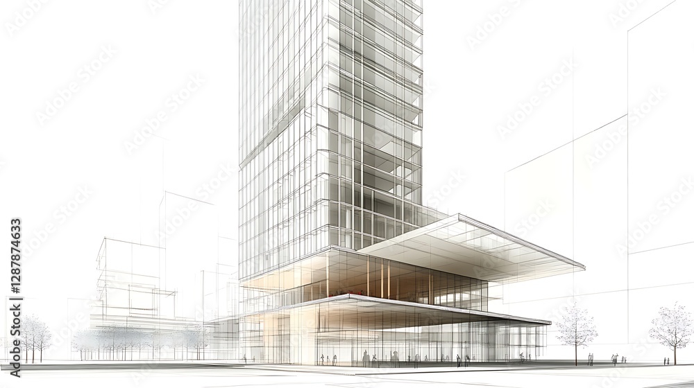 Obraz premium Modern high rise building sketch with trees and urban design high resolution picture