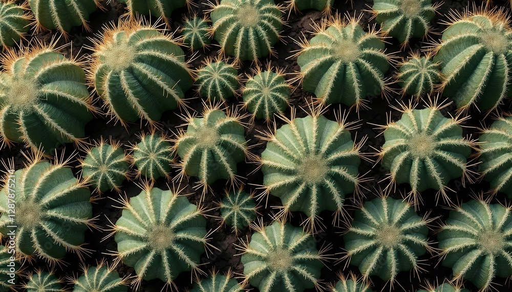 Clusters of green cactus plants with spines arranged in a natural desert landscape Clusters of green cactus plants with spines arranged in a natural desert landscape