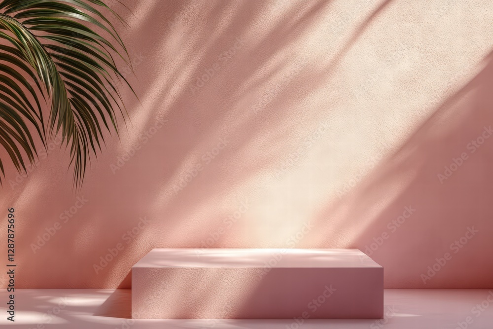 solid-colored wall with a shadow from a palm tree, an empty room for a product presentation background mockup, in a pink color. solid-colored wall with a shadow from a palm tree, an empty room for a product presentation background mockup, in a pink color.