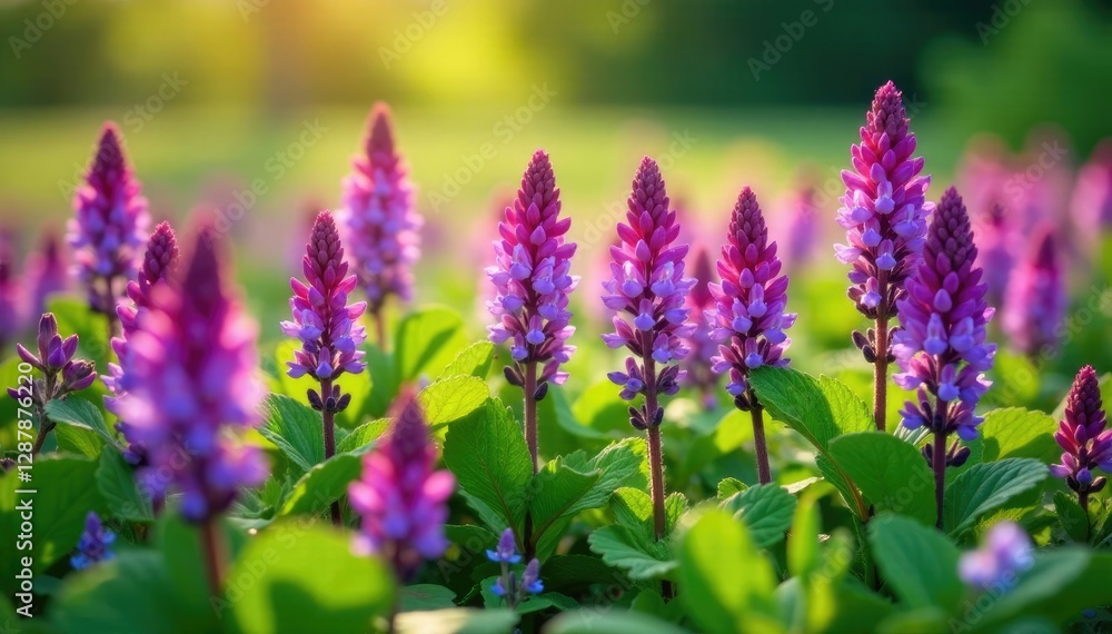 Dense purple Ajuga reptans flowers bloom in sunny summer field, foliage, blooming Dense purple Ajuga reptans flowers bloom in sunny summer field, foliage, blooming
