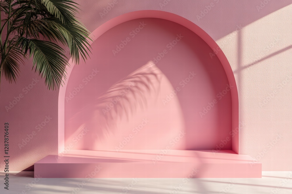 solid-colored wall with a shadow from a palm tree, an empty room for a product presentation background mockup, in a pink color. solid-colored wall with a shadow from a palm tree, an empty room for a product presentation background mockup, in a pink color.