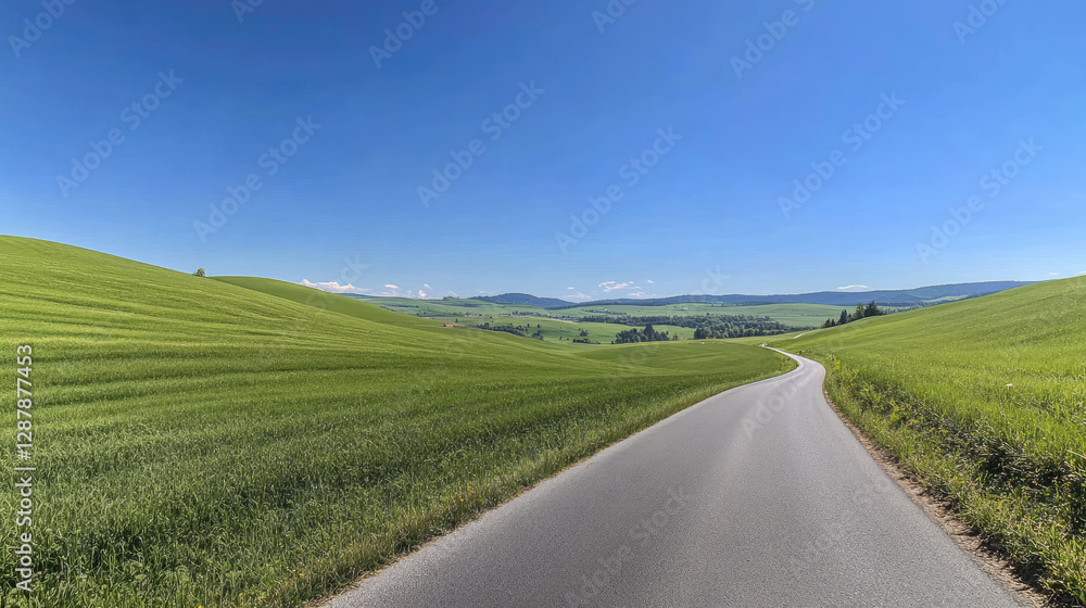 Wide road into distance, flanked by green fields and blue sky. High-definition, horizontal composition. Serene beauty. Wide road into distance, flanked by green fields and blue sky. High-definition, horizontal composition. Serene beauty.