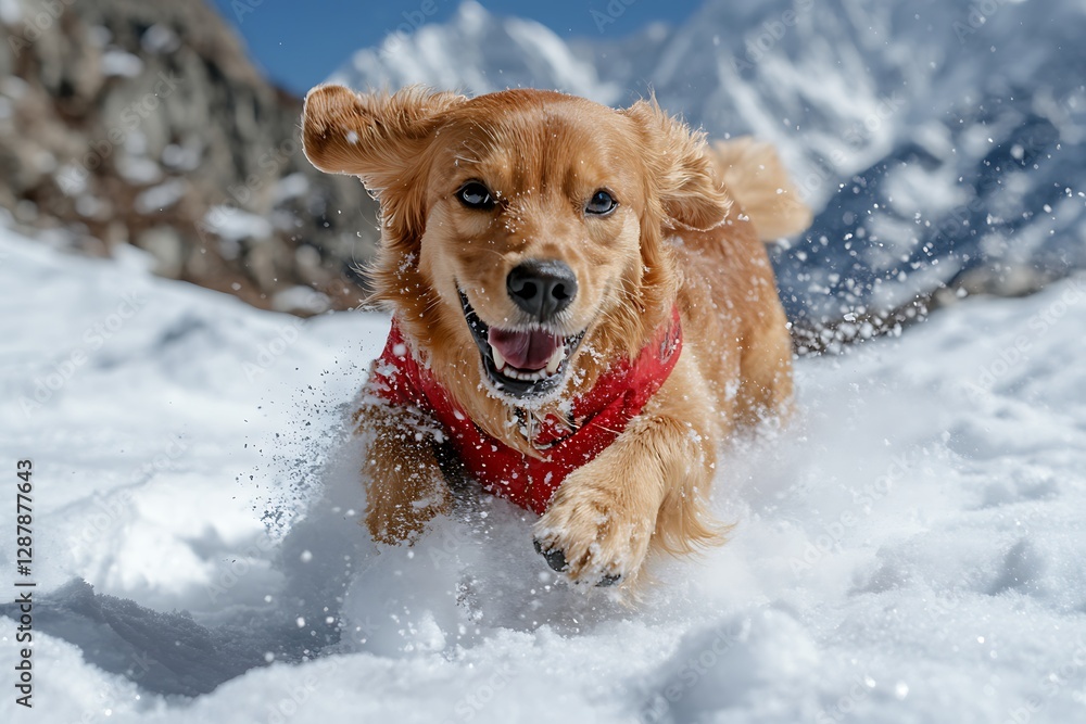 Happy dog running snow mountains Happy dog running snow mountains