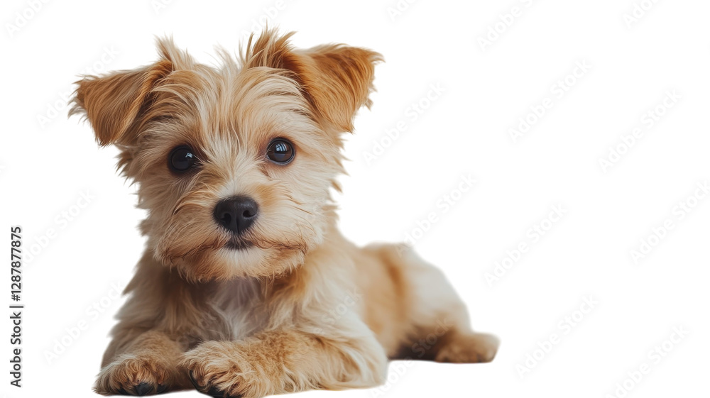 Small brown dog with fluffy fur lying down and looking directly at the camera in a bright setting with minimal distractions Small brown dog with fluffy fur lying down and looking directly at the camera in a bright setting with minimal distractions