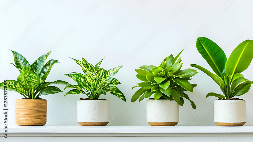 Fototapeta premium Four Potted Houseplants on White Shelf