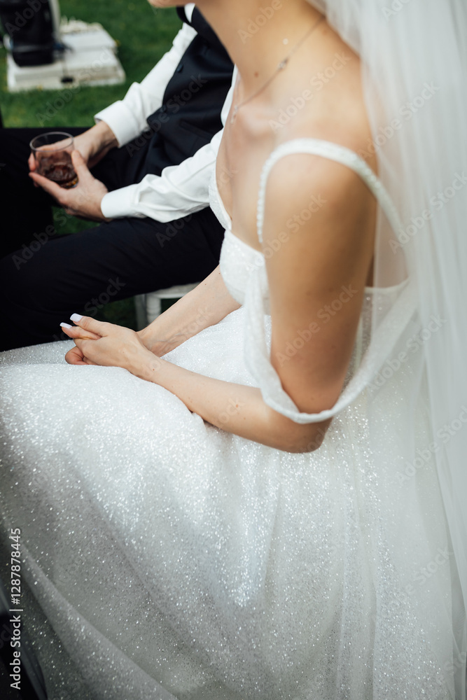 Fototapeta premium Cute bride couple spend time together after the wedding ceremony