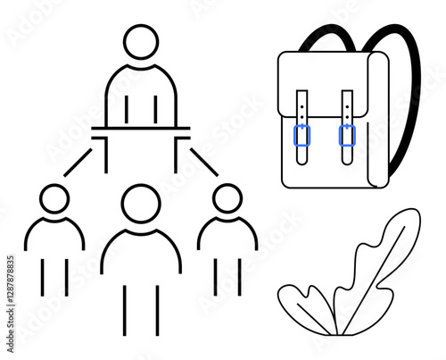 Teacher at desk connects with students, backpack and leaf nearby. Ideal for education, learning, teaching, mentorship, classroom, back to school academic success. Clean and simple abstract line flat