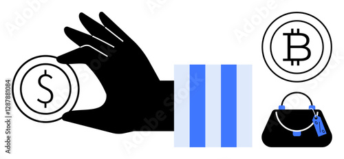 Hand holding coin with dollar sign, bitcoin symbol, blue-striped element, and handbag. Ideal for finance, cryptocurrency, fashion, investment consumerism economy shopping themes. Abstract line