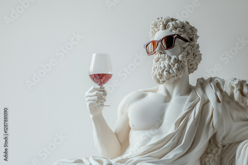 Arrogant portrait of a sculpture of Greek god in fashionable sunglasses with wine glass in hand on a white background 