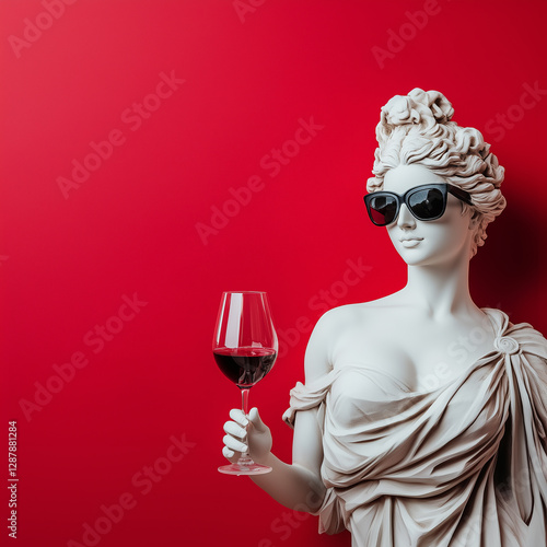 Arrogant portrait of a sculpture of Aphrodite in fashionable sunglasses with wine glass in hand on red background 