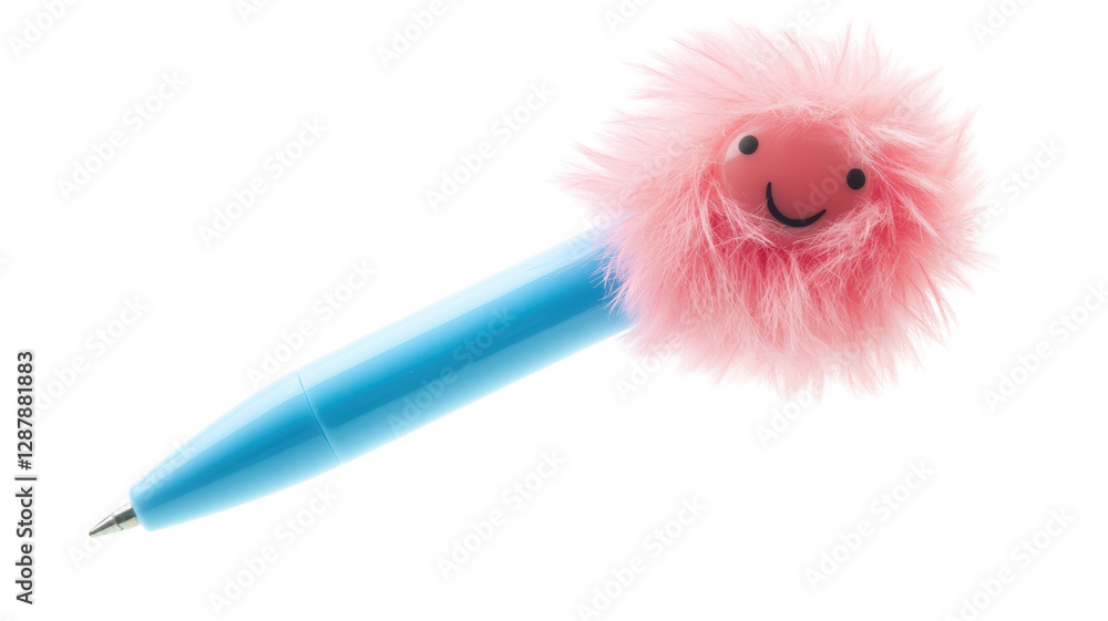 Colorful and playful fluffy pen with a smiling face sits on a white background creating a cheerful atmosphere for writing