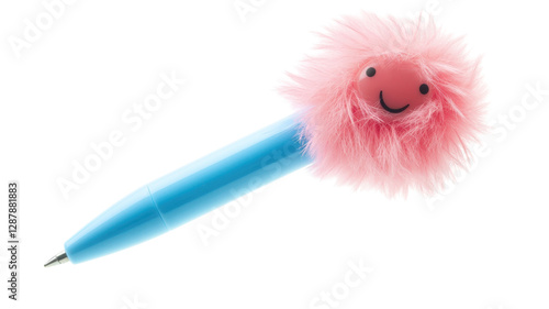 Obraz na płótnie Colorful and playful fluffy pen with a smiling face sits on a white background creating a cheerful atmosphere for writing w salonie