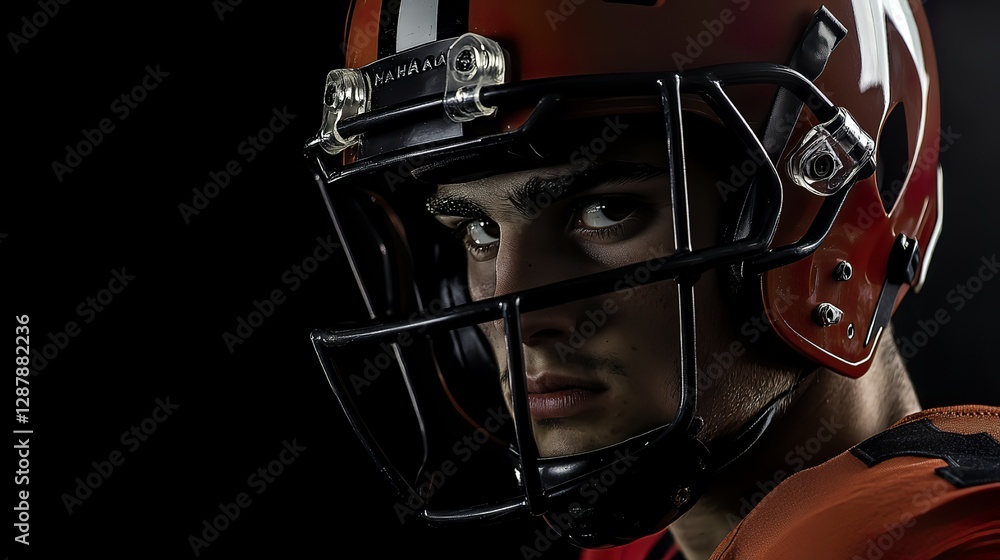 Obraz premium An American football player in a helmet, captured in a head - and - shoulders portrait with dramatic side lighting against a black background