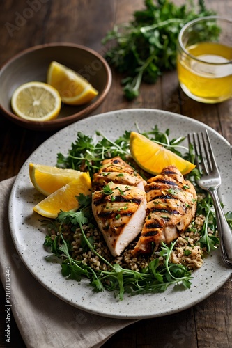 Grilled Chicken Breast with Lemon and Fresh Herbs on a Plate