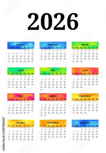 Calendar for 2026 isolated on a white background