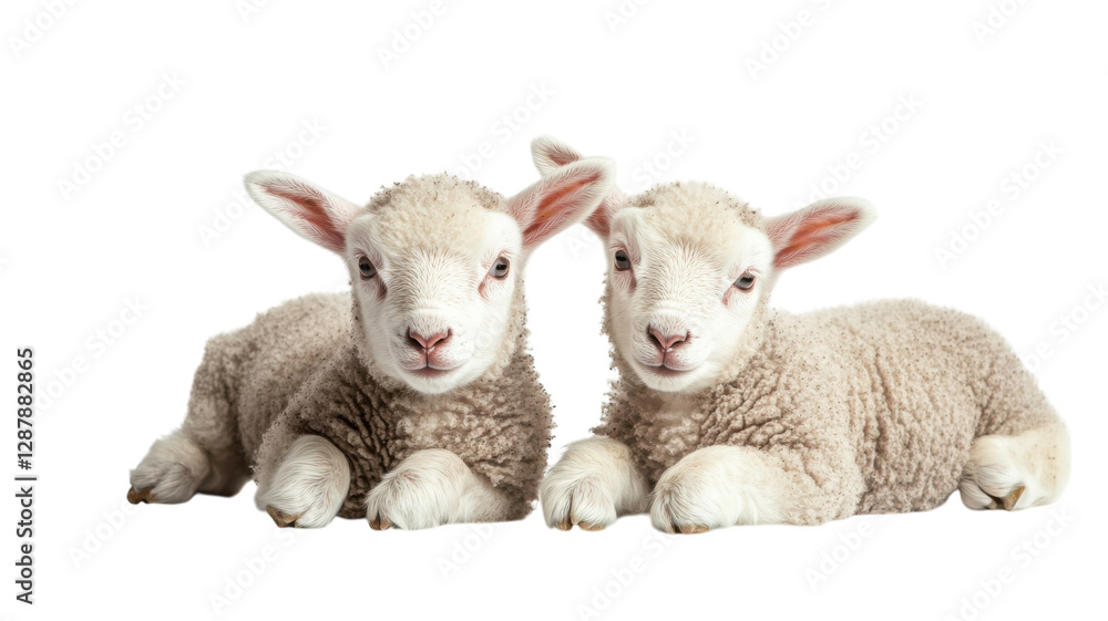 Fototapeta premium Two adorable lambs resting side by side on a white background in a cozy indoor space during the afternoon