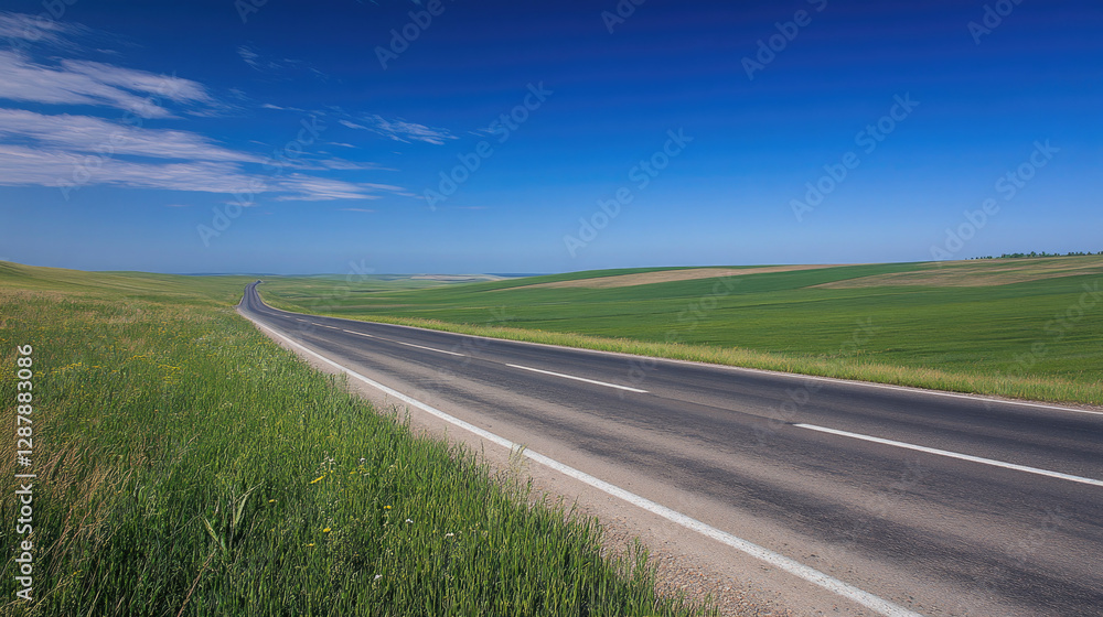 Wide road into distance, flanked by green fields and blue sky. High-definition, horizontal composition. Serene beauty. Wide road into distance, flanked by green fields and blue sky. High-definition, horizontal composition. Serene beauty.