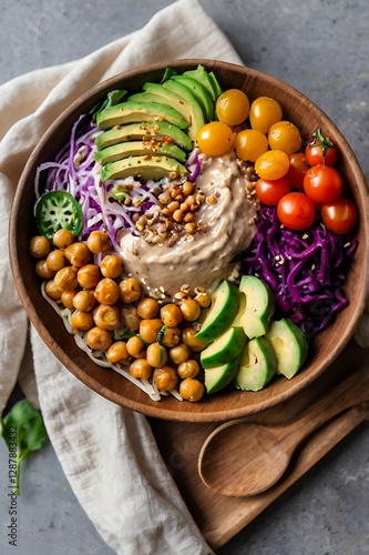Healthy Bowl: Chickpeas Avocado Tomato Cabbage Sprouts