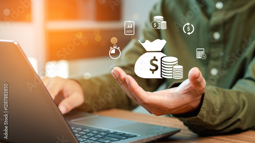 finance and investment concept, invest money, fundraising, ROI return on investment, Interest rate and dividend concept, Businessman is calculating income and return on investment in percentage.