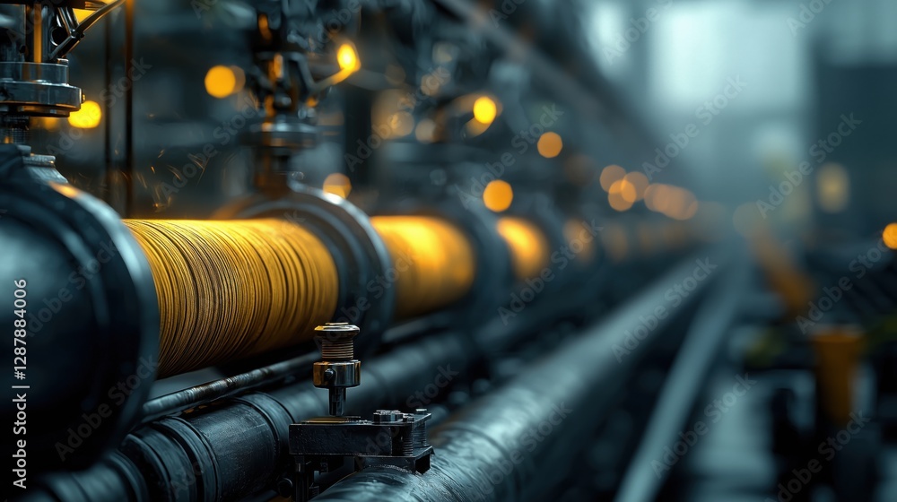 Naklejka premium Detailed Close-Up of Industrial Factory Pipeline with Vibrant Orange Lights and Modern Machinery in an Urban Setting