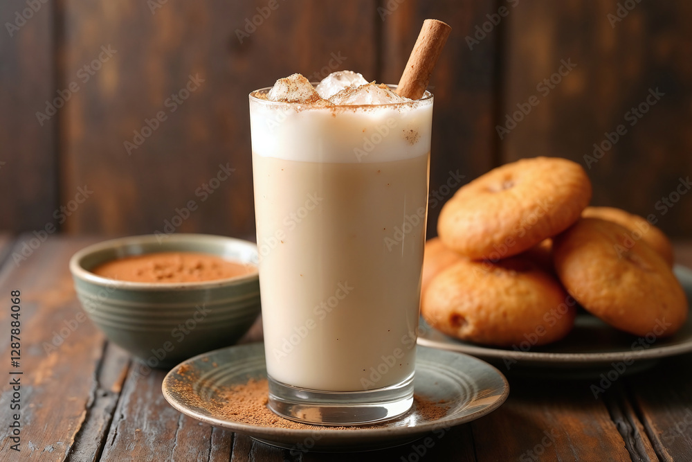 Refreshing Horchata with Golden Homemade Cinnamon Doughnuts on Dark Wood Refreshing Horchata with Golden Homemade Cinnamon Doughnuts on Dark Wood