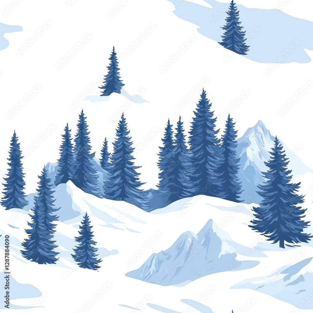 Fototapeta premium Snowy mountains & pine trees landscape illustration. White background, winter scene, seamless repeat pattern