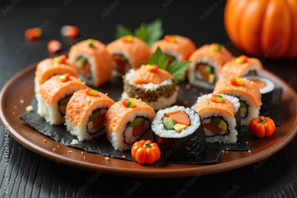 A platter of traditional sushi rolls adorned with Halloween-themed decorations like candy corn and small pumpkins, placed on a dark wooden table A platter of traditional sushi rolls adorned with Halloween-themed decorations like candy corn and small pumpkins, placed on a dark wooden table