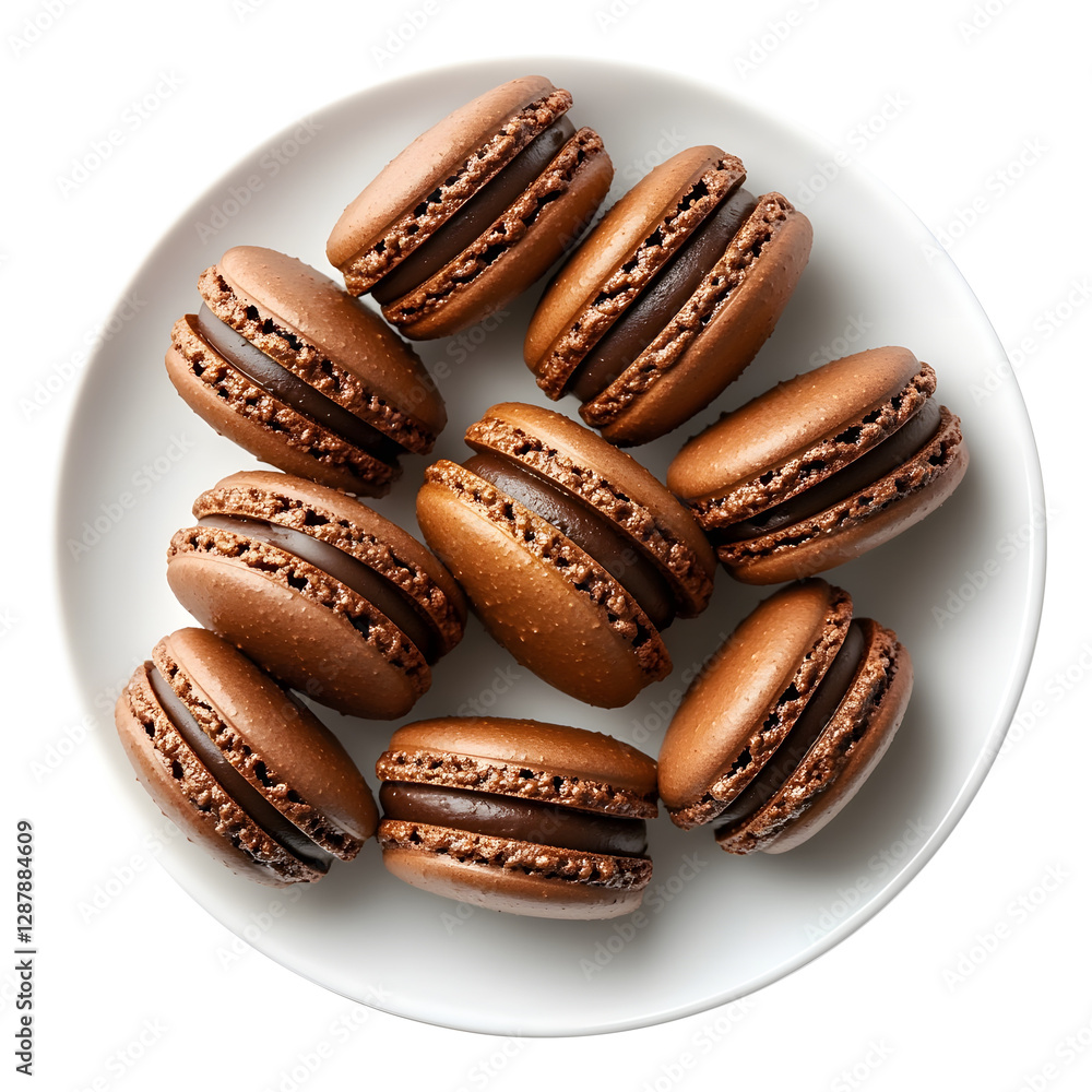 Chocolate macarons on a white plate isolated on transparent background Chocolate macarons on a white plate isolated on transparent background
