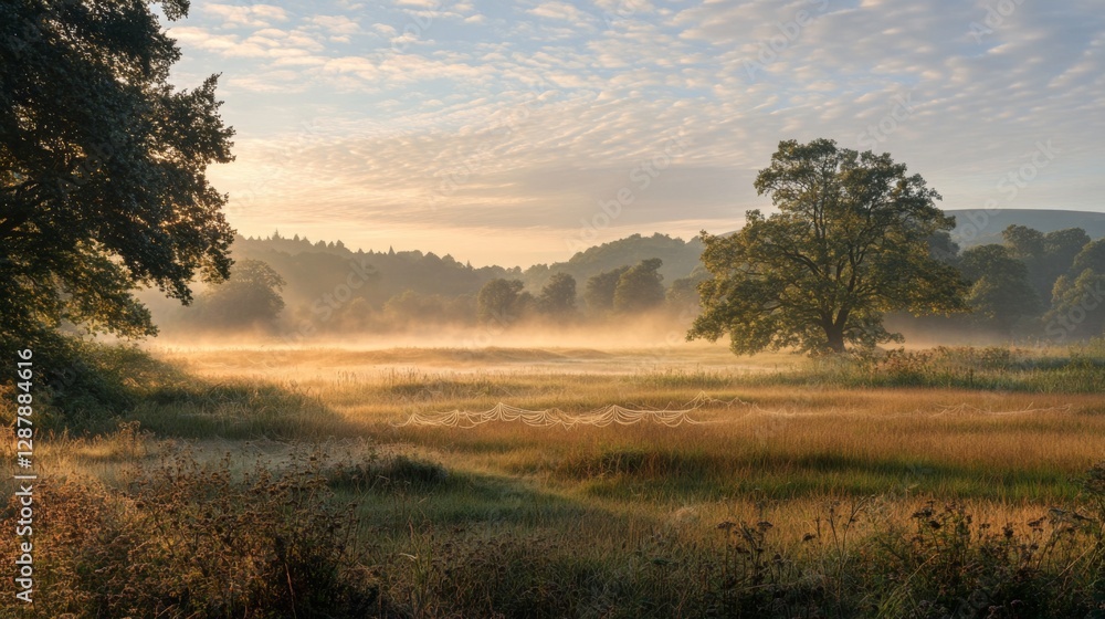 A serene morning landscape unfolds with mist gently rolling over the fields. Nature awakens in soft hues. This peaceful scene invites reflection and tranquility. Generative AI A serene morning landscape unfolds with mist gently rolling over the fields. Nature awakens in soft hues. This peaceful scene invites reflection and tranquility. Generative AI