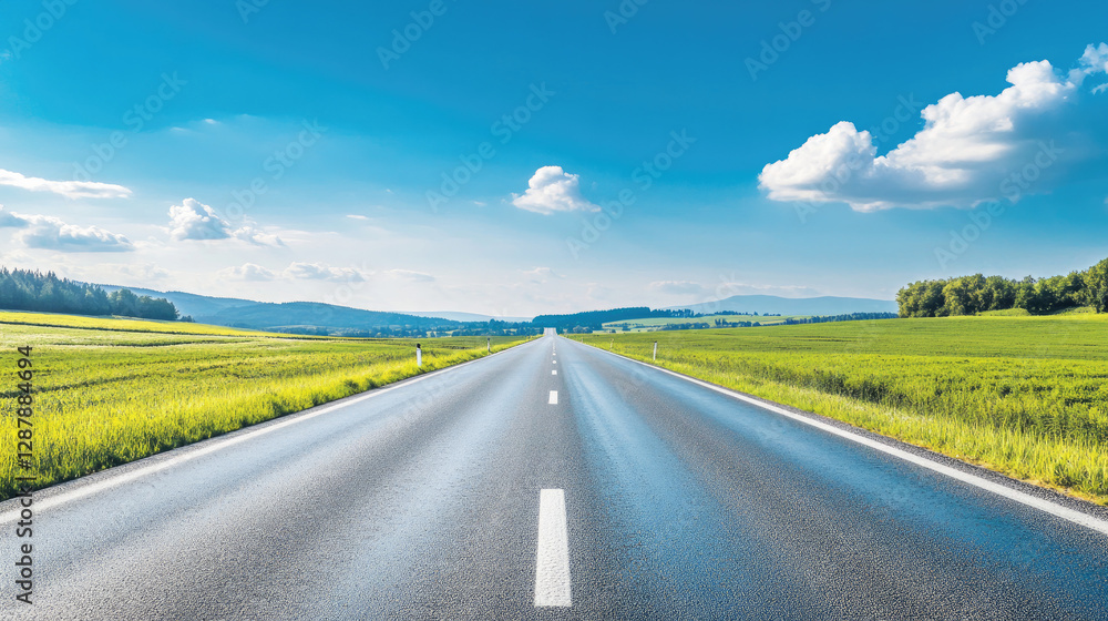 Wide road into distance, flanked by green fields and blue sky. High-definition, horizontal composition. Serene beauty. Wide road into distance, flanked by green fields and blue sky. High-definition, horizontal composition. Serene beauty.