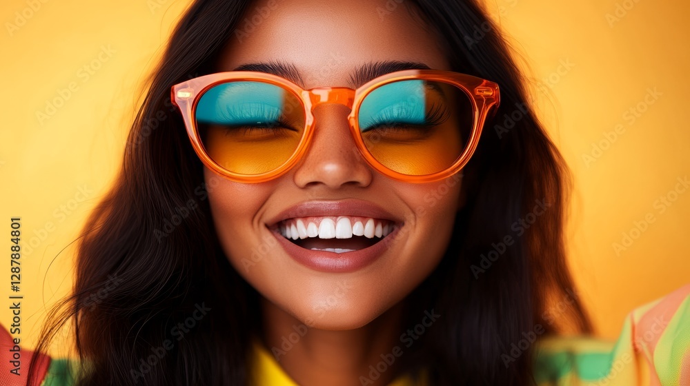 Woman with long black hair and orange sunglasses is smiling. She has a bright and happy expression on her face Woman with long black hair and orange sunglasses is smiling. She has a bright and happy expression on her face