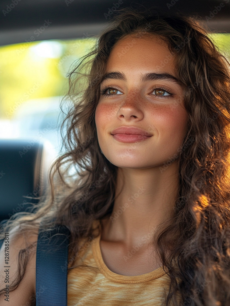 Young woman enjoying a sunny car ride with a smile Young woman enjoying a sunny car ride with a smile