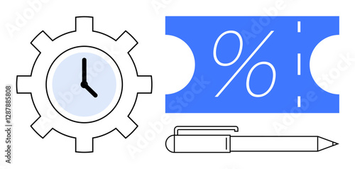 Gear with clock face, pen, and blue discount ticket with percentage sign. Ideal for productivity, time management, efficiency, planning, saving discounts office and business concepts. Abstract line