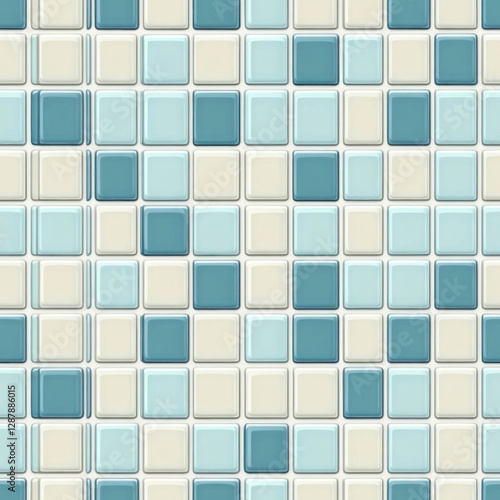 Square tiles adorn wall in shades of blue and beige