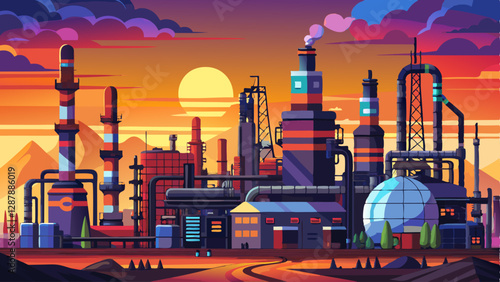 Oil refinery working at sunset, industrial background