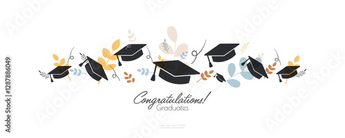 Congratulation graduates! banner. Graduation hats with floral elements.