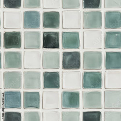 Square tile mosaic backdrop, shades of green and white creating a patterned surface